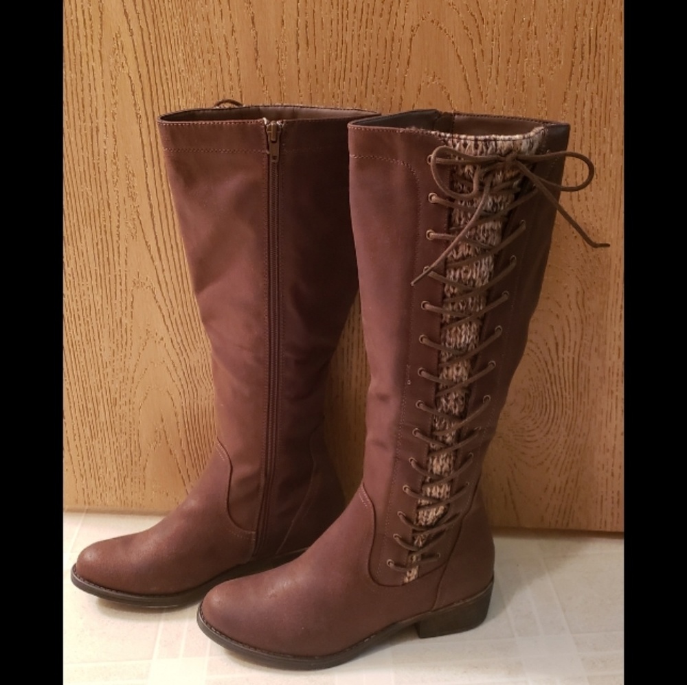 Brown lace up sweater boots